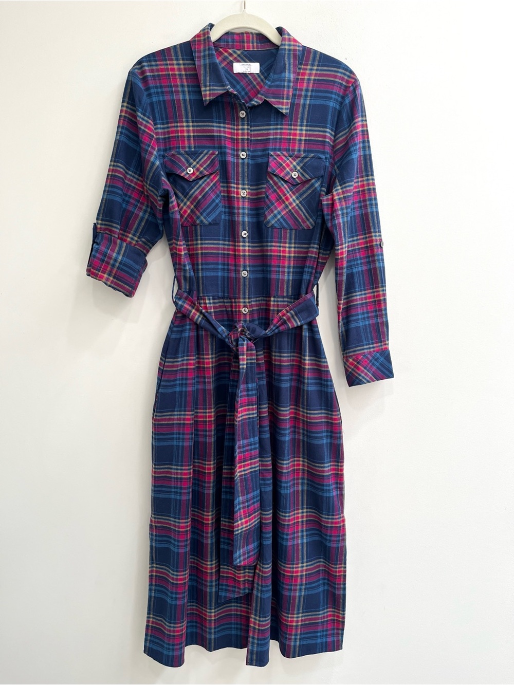UNTUCKit Joni Navy Pink Flannel Plaid Shirt Dress Belted Midi Preppy Pockets 10